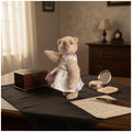 Curly fur teddy bear in dress, 20 cm tall plush bear.