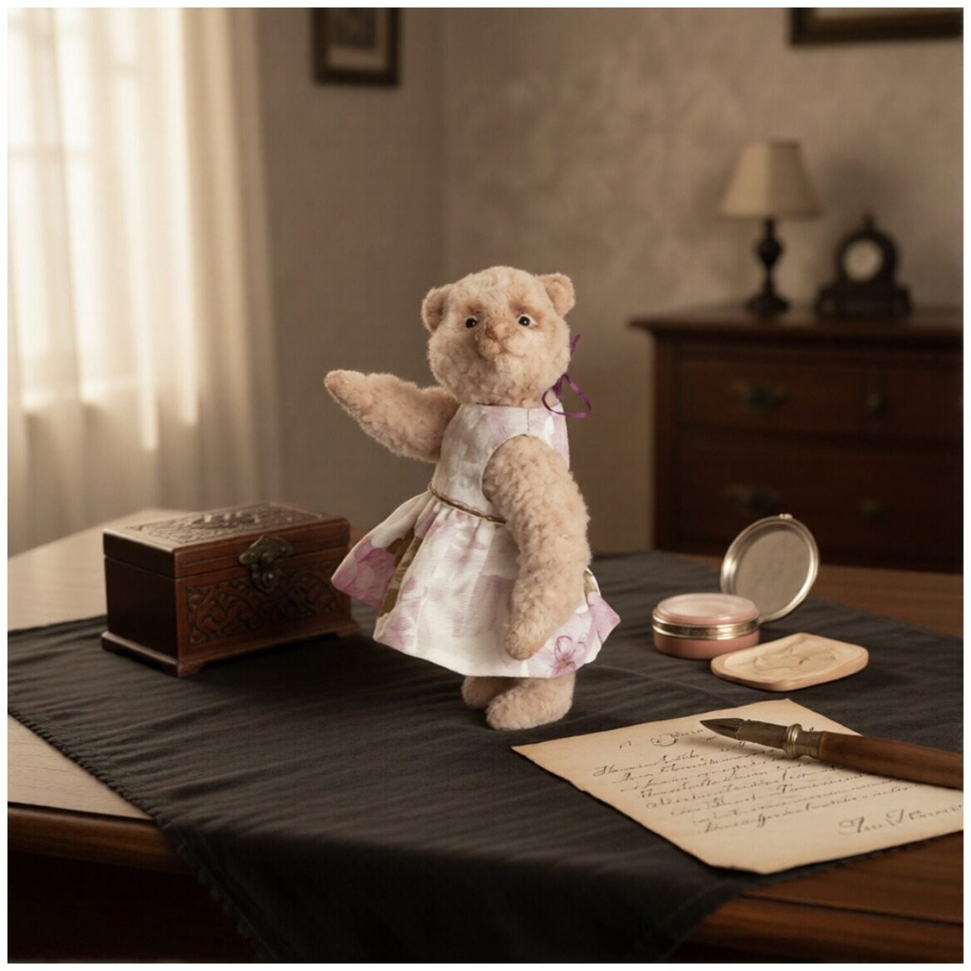 Curly fur teddy bear in dress, 20 cm tall plush bear.